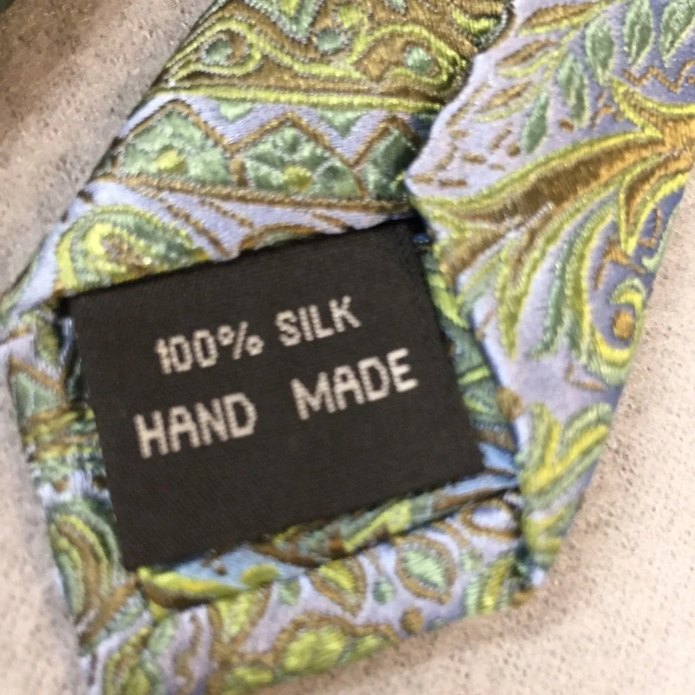Beau Brummel Soho Mens Silk Tie Green Gold Blue Paisley Floral‎ Handmade Necktie